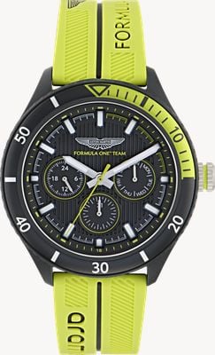Aston Martin Aramco Formula One™ Team PIT W Quartz Multifunction (46mm) Black Dial / Yellow Silicone Strap MTFP1F502
