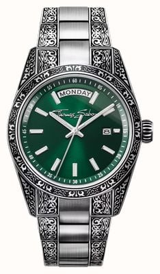 Thomas Sabo Rebel At Heart 'Revive' (36mm) Smoke Green Sunburst Dial / Engraved Stainless Steel Bracelet WA0426-201-201-36