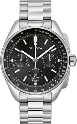 Bulova Lunar Pilot Chronograph (43.5mm) Black Dial / Stainless Steel Bracelet + Black Leather Strap Set 96K111