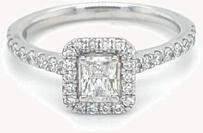 Plat 0.32ct F VS2 Radiant Cut Dia Halo Shoulders Ring ENG29337