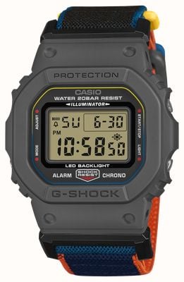 Casio G-Shock 5600 Series Alarm Chrono (42.8mm) Digital Display / Orange & Navy FIDLOCK® Band Watch DW-5600MNC-8A2ER