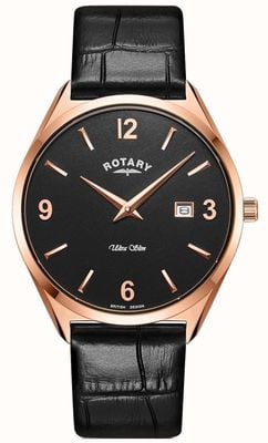 Rotary Men's Ultra Slim | Black Leather Strap | Rose Gold PVD Case GS08014/04