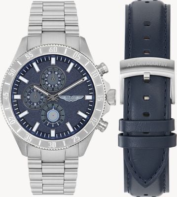 Aston Martin SPT Icon Quartz Chronograph (44.5mm) Navy Blue Dial / Steel Bracelet + Leather Strap MTIS3F607