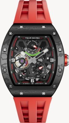 TSAR BOMBA Elemental Series Carbon Automatic Power-Reserve (42.8mm) Black Dial / Red FKM Rubber Strap TB8212CF-02