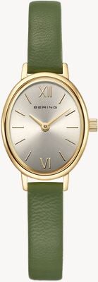 Bering Classic Oval Quartz (20mm) Silver Sunray Dial / Green Leather Strap Watch 11020-833