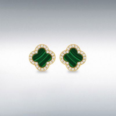 Sterling Silver Yellow Gold Plated 11mm x 11mm Clover Malachite and 1mm White CZ Stud Earrings 8.59.1902
