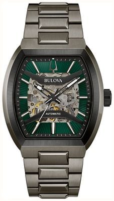 Bulova Maquina Automatic (40mm) Green Skeleton Dial / Gun-Metal PVD Stainless Steel Bracelet 98A321