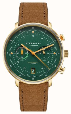 STERNGLAS Hamburg Mecha-Quartz Chrono Edition Vintage (42mm) Dark Green Dial / Brown Suede Strap S01-HCV22-WL02