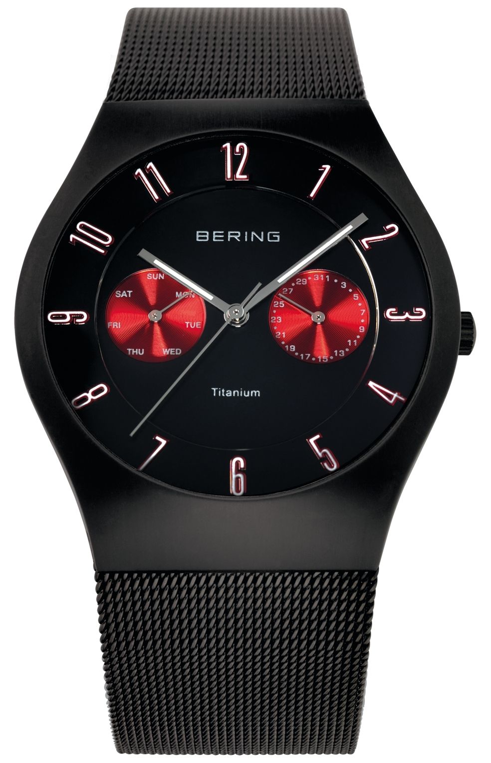 Bering 11939-229 Men’s Titanium Black Red Accent Mesh Strap Watch