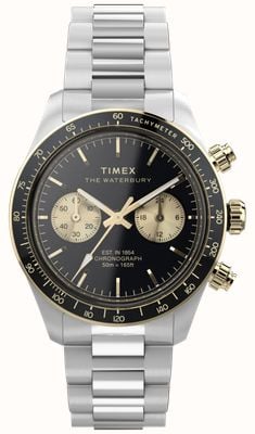 Timex Waterbury Heritage Chronograph (39mm) Black Sunray Dial / Stainless Steel Bracelet Watch TW2Y24000