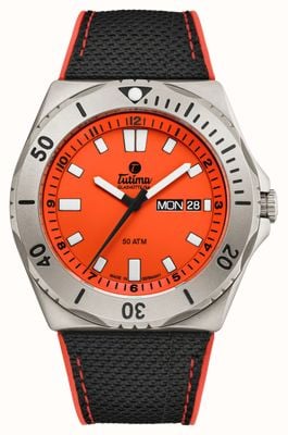 Tutima Glashütte M2 Seven Seas Automatic (44mm) Signal Orange Dial / Black Kevlar-Rubber Strap Watch 6151-07