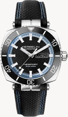 Herbelin Newport Diver Automatic Blue Flange (42mm) Black Dial / Black Textile Strap Watch 1774AN154
