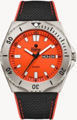 Tutima Glashütte M2 Seven Seas Automatic (44mm) Signal Orange Dial / Black Kevlar-Rubber Strap Watch 6151-07
