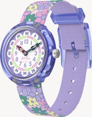 Flik Flak FLOWER FIELDS (31.85mm) White and Purple Dial / Purple Flower Patterned Strap FBNP240