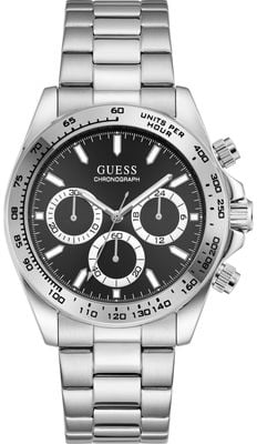 Guess Men's Arthur Black Sunray Dial Silver-Tone Stainless Steel Bracelet GW1058G8
