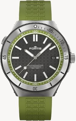 FORTIS Marinemaster M-44 Chronometer Woodpecker Green (44mm) Horizon Ultra-flexible Rubber Strap F8120019