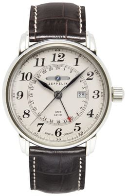 Zeppelin LZ 127 Graf Zeppelin Quartz GMT (42mm) Eggshell Dial / Black Leather Strap Watch 7642-5