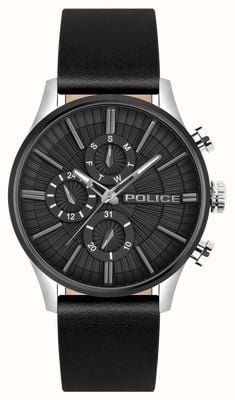 Police BARTER Quartz Multifunction (44mm) Black Dial / Black Leather Strap PEWJF2195040