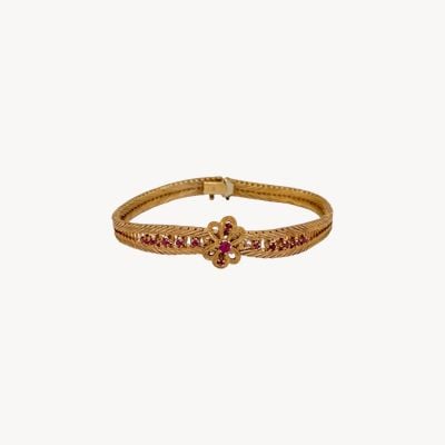 Pre-owned 18ct Ornate Ruby Flower Bracelet Dia Cut Edging J49177
