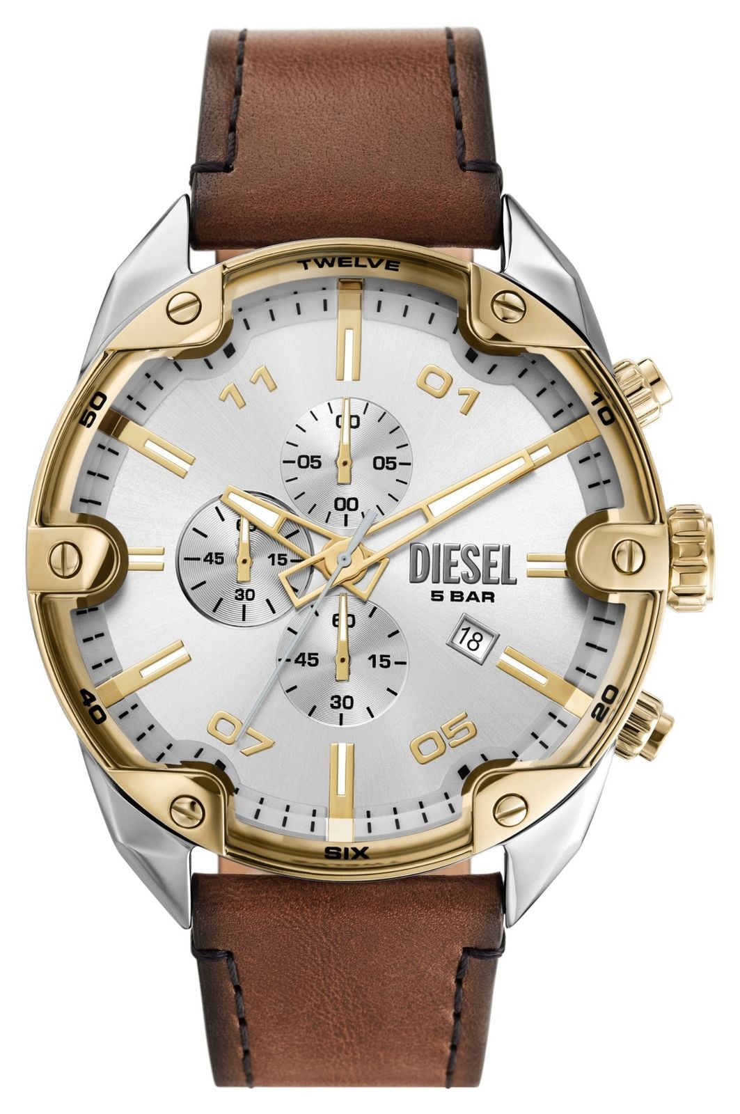 Diesel DZ4665 Spiked Chronograph (49mm) Silver Dial / Brown Watch