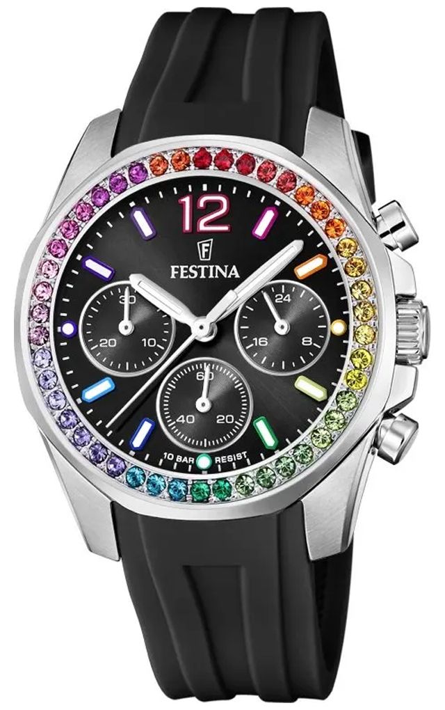 Festina F20610/3 Ladies Steel Chrono Watch W/CZ Set & Rubber