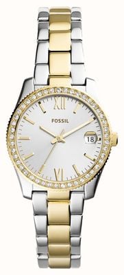 Fossil Women's Scarlette Mini | Silver Dial | Crystal Set | Two Tone Bracelet ES4319