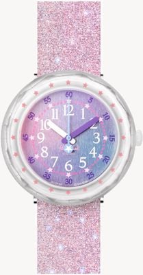 Flik Flak PEARLAXUS | Pink Glitter Silicone Strap | Multi-Coloured Dial FCSP107