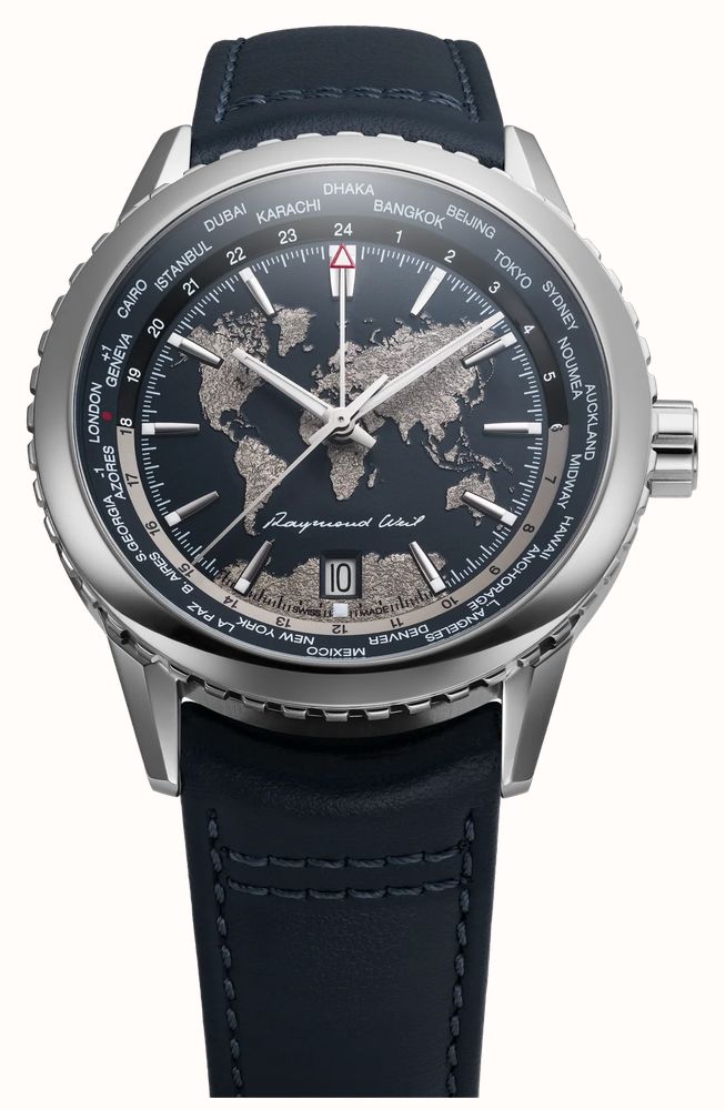 Raymond Weil Freelancer World-Traveller GMT Limited Edition (40mm) Blue 'World Map' Dial / Blue Leather Strap 2762-STC-02026 - alternate view 3