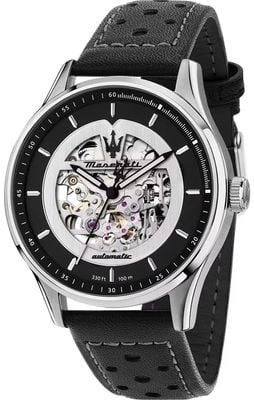 Maserati SORPASSO 42MM Automatic Leather Strap Skeleton Stainless Steel Mens R8821124004