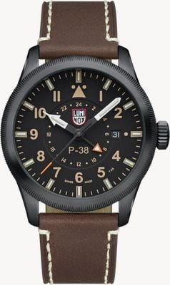Luminox P-38 Lightning GMT 9520 Series 'Sandstorm' (42mm) Black Dial / Brown Leather Strap Watch XA.9526