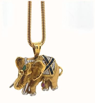 Pre-owned 18ct Y/g Large Ornate Emerld, Ruby,dia,saph Elephant Pendant J60829