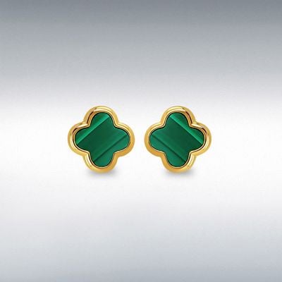 Sterling Silver Yellow Gold Plated 7.3mm x 7.3mm Clover Malachite Stud Earrings 8.59.1901