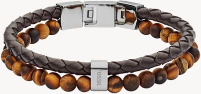 Fossil Men's Brown Leather Double Strand Beaded Bracelet JF03118040