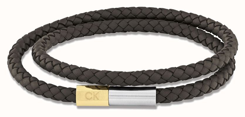 Calvin Klein Industrial Facets Men's Brown Leather Two-Tone Stainless Steel Detail Bracelet 35100044