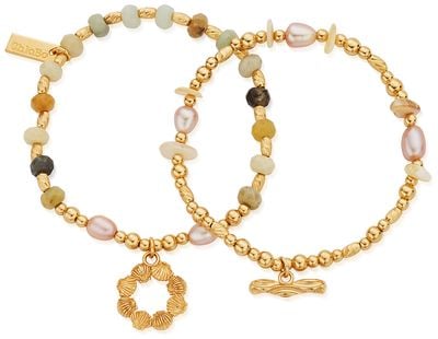 ChloBo TREASURES OF BALI Peace & Balance Set of 2 Pearl Charm Bracelets - 18ct Gold Plated GBSETAPS3539