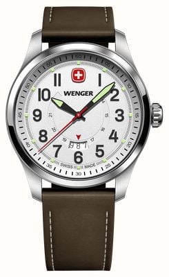 Wenger Terragraph Quartz (43mm) Textured White Dial / Brown Leather Strap 01.0541.120