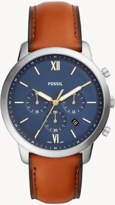 Fossil Men's Neutra Chrono | Blue Chronograph Dial | Brown Leather Strap Watch FS5453