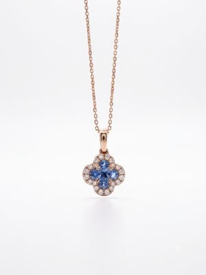 9ct Yellow Gold Clover Diamond And Sapphire Pendant With Chain SP6348