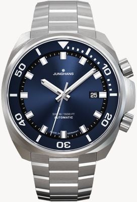 Junghans Aquaris Automatic (46.9mm) Blue Sunburst Dial / Stainless Steel Bracelet + Black Rubber Strap 27/4660.44