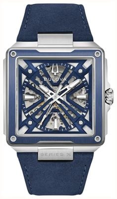 Bulova Series X Automatic (41mm) Blue Skeleton Dial / Blue Suede Strap 98A342