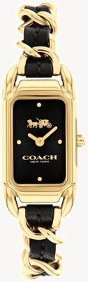 Coach Women's Cadie Black Rectangle Dial / Black Leather Gold Stainless Steel Bracelet 14504281