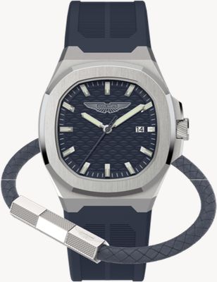 Aston Martin GPQ Icon Quartz (42mm) Navy Blue Dial / Navy Blue Silicone Strap + Navy Blue Leather Bracelet Set MTIGGF601