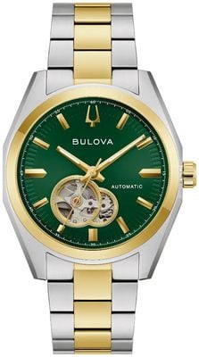 Bulova Surveyor Open-Heart Automatic (39mm) Green Sunray Dial / Two-Tone Stainless Steel Bracelet 98A338