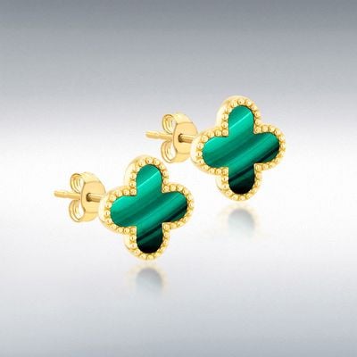 9ct Yellow Gold 11.4mm X 11.4mm Clover Malachite Stud Earrings 1.55.9526