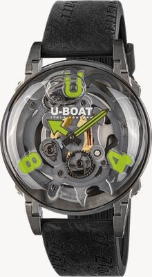U-Boat U-65 SS Green (44mm) Grey Skeleton Dial / Black Vintage-Style Silicone Strap 3350