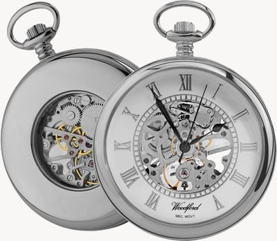Woodford Open-Face Mechanical Pocket Watch - White Dial / Stainless Steel Case 1084