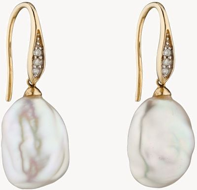 Elements Gold 9k Yellow Gold Baroque Pearl And Diamond Drop Earrings GE2290W