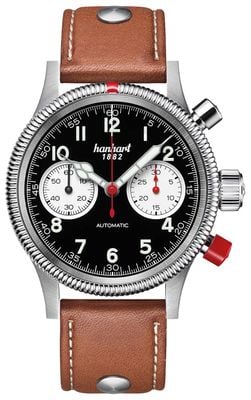 Hanhart PIONEER Mk II Automatic Chronograph (40mm) Reverse Panda Dial / Light Brown Leather Rivet Strap - M 716.211-0210
