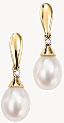 Elements Gold 9k Yellow Gold Diamond Pearl Drop Earrings GE780W