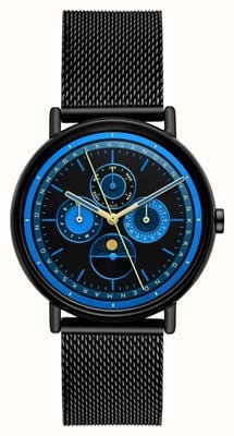 Skagen Signatur Sun & Moon Multifunction (40mm) Black & Blue Dial / Black PVD Stainless Steel Mesh Bracelet SKW6944